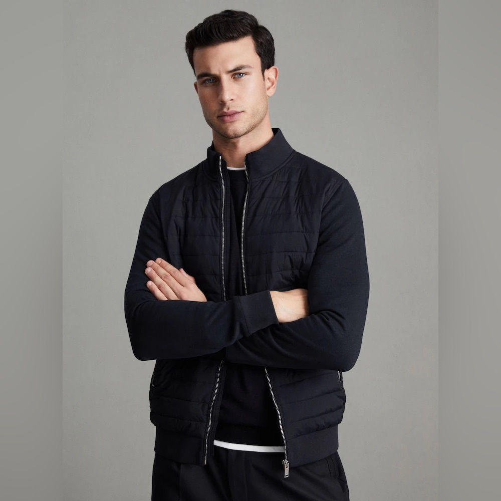 Reiss Navy Freddy Hybrid Quilt and Knit Zip-Through Jacket size L